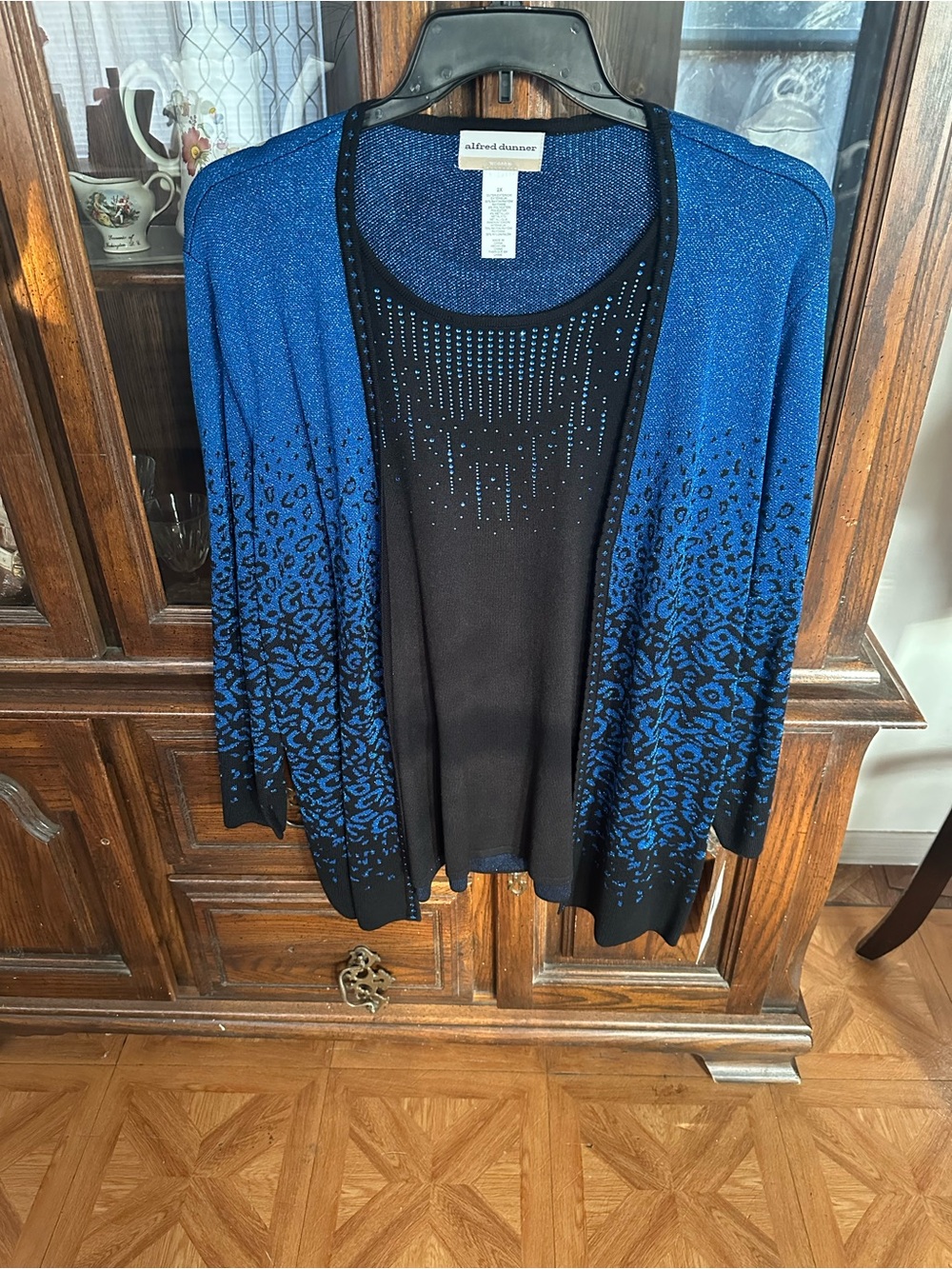 Alfred Dunner Blue and Black Open-Front Cardigan Sweater